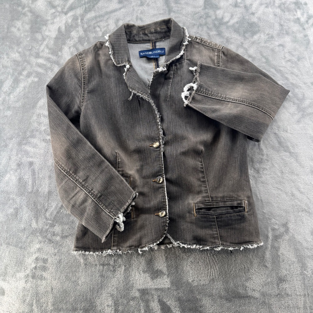 Bandolino Blu Womens Frayed Denim Jacket Faded Black Crystal Button Peplum